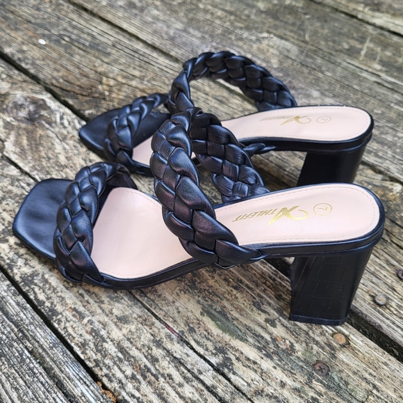 Braided Block Heel Sandals Strappy Black Size 7 - Picture 2 of 6